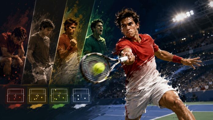 Tennis player mounting a four-set comeback under stadium lights