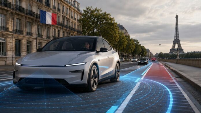 Supervised self-driving car undergoing road testing in France