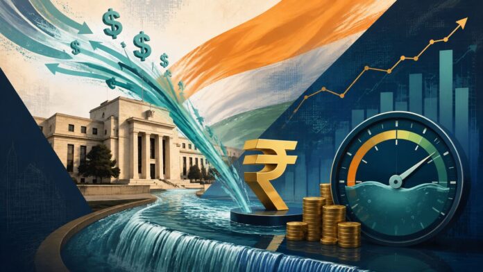 Indian banking liquidity and RBI currency operations illustrated with rupee symbols and financial charts