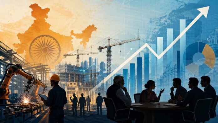 India GDP growth represented by factories, investment and economic charts