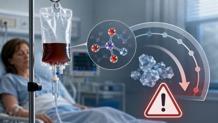 Editorial illustration of an iron infusion with a low-phosphate warning indicator