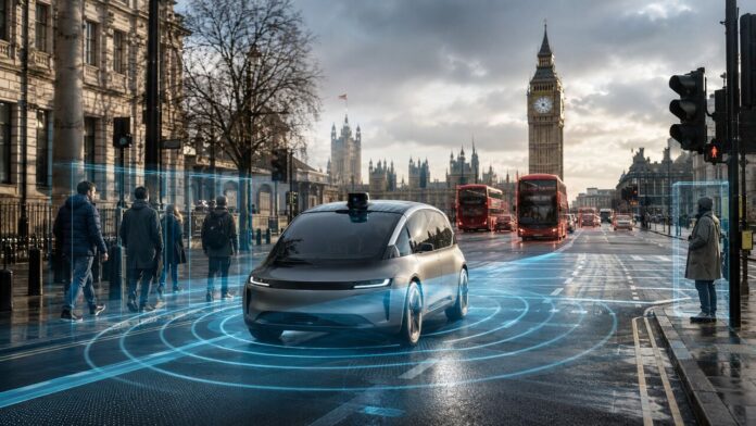 Autonomous robotaxi operating on a busy London street