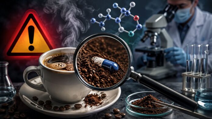 Editorial illustration of coffee being examined for hidden pharmaceutical ingredients