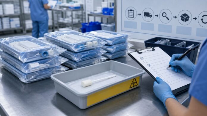 Editorial illustration of medical procedure kits undergoing an antiseptic applicator recall check