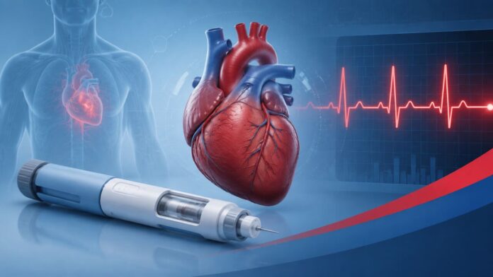 Editorial illustration of a GLP-1 injection pen beside a heart and cardiovascular monitor