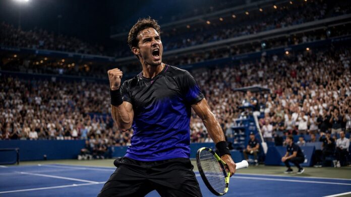 Male tennis player celebrating a straight-sets win on a New York hard court